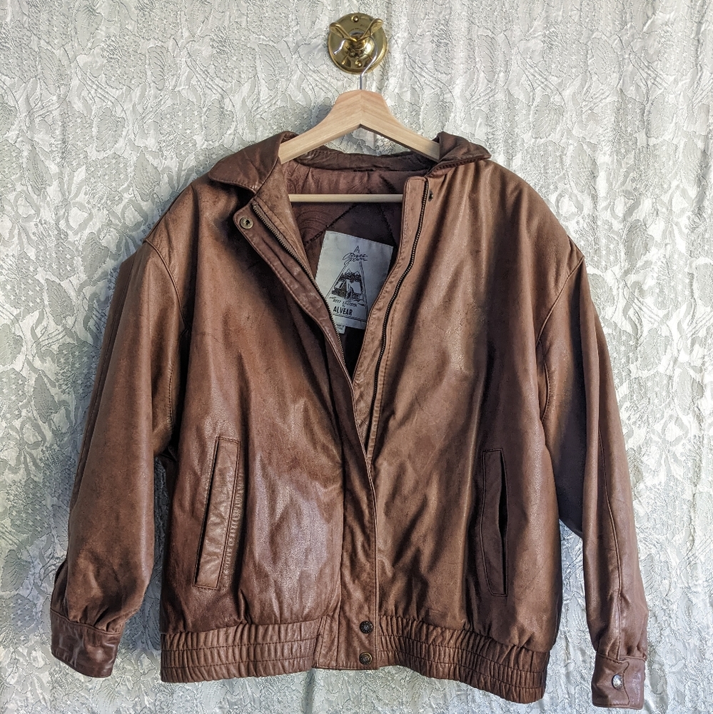 Vintage Brass Plum Brown Leather Bomber Jacket